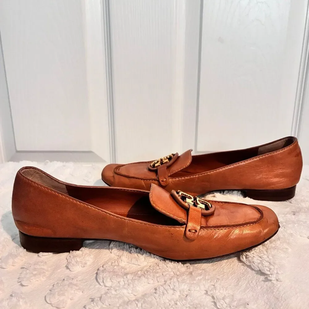 Tory Burch Miller Leather Loafers Cognac Brown Metal Logo Size 6.5